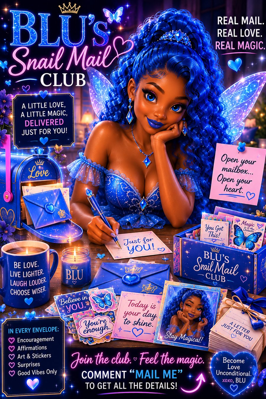 Blu, the Fae Mail Club fairy, writing a handwritten letter surrounded by stickers, candles, and a magic mailbox